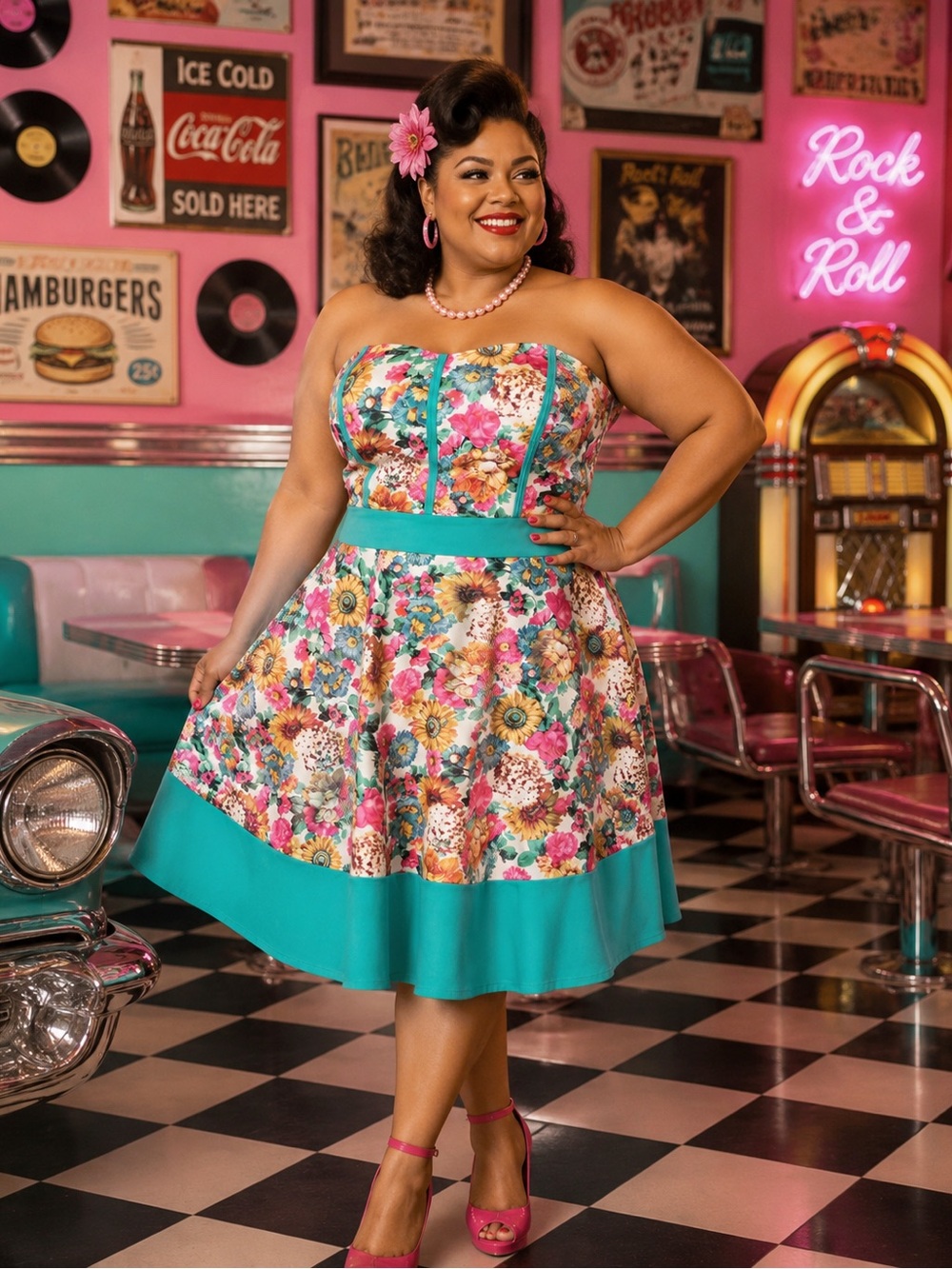 Janette Plus 2X Floral Strapless Rockabilly Fit & Flare Dress Teal USA Vintage